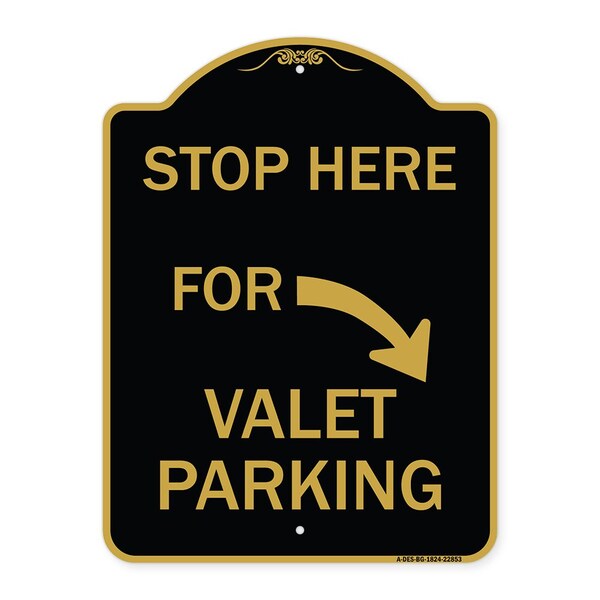 Signmission Stop Here for Valet Parking Right Arrow, Black & Gold Aluminum Sign, 18" x 24", BG-1824-22853 A-DES-BG-1824-22853 - main